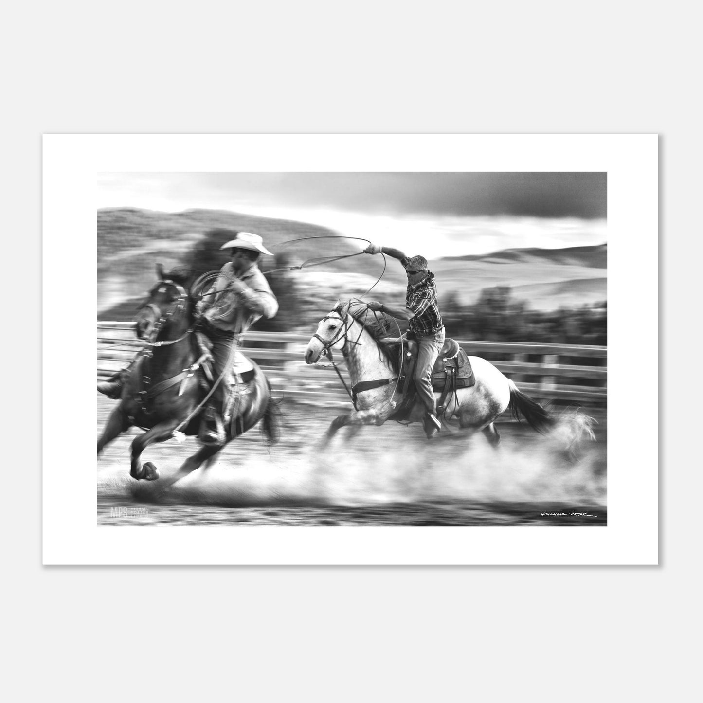 Black & white  print of two cowboys wrangling in close contact in a corall.