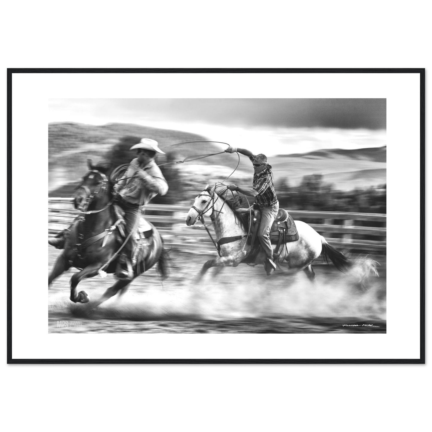 Black & white  print of two cowboys wrangling in close contact in a corall.