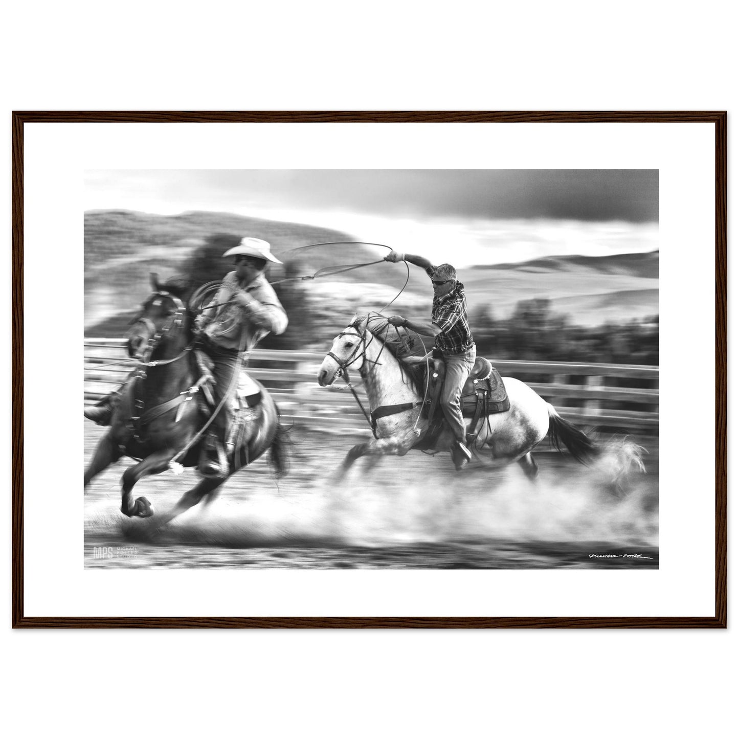 Black & white  print of two cowboys wrangling in close contact in a corall.