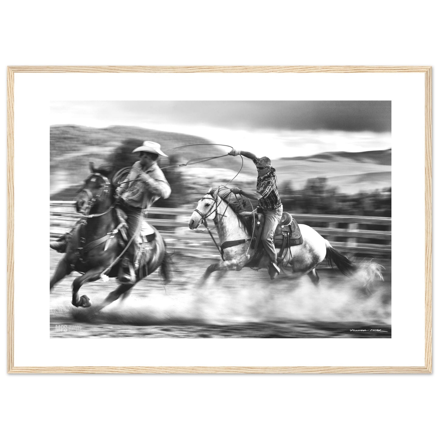Black & white  print of two cowboys wrangling in close contact in a corall.
