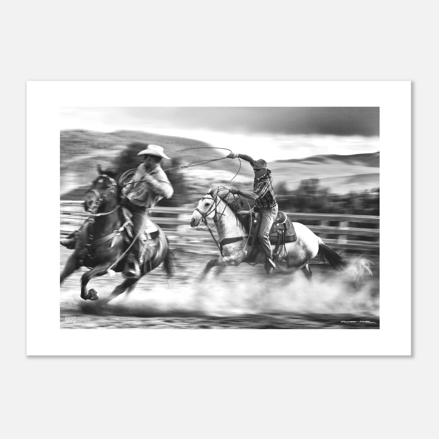 Black & white  print of two cowboys wrangling in close contact in a corall.