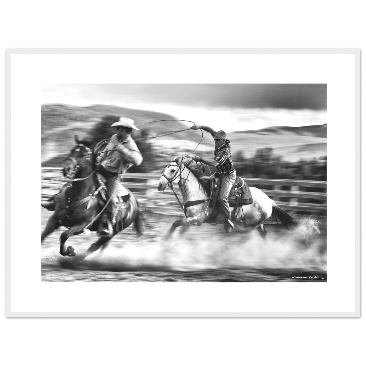 Black & white  print of two cowboys wrangling in close contact in a corall.