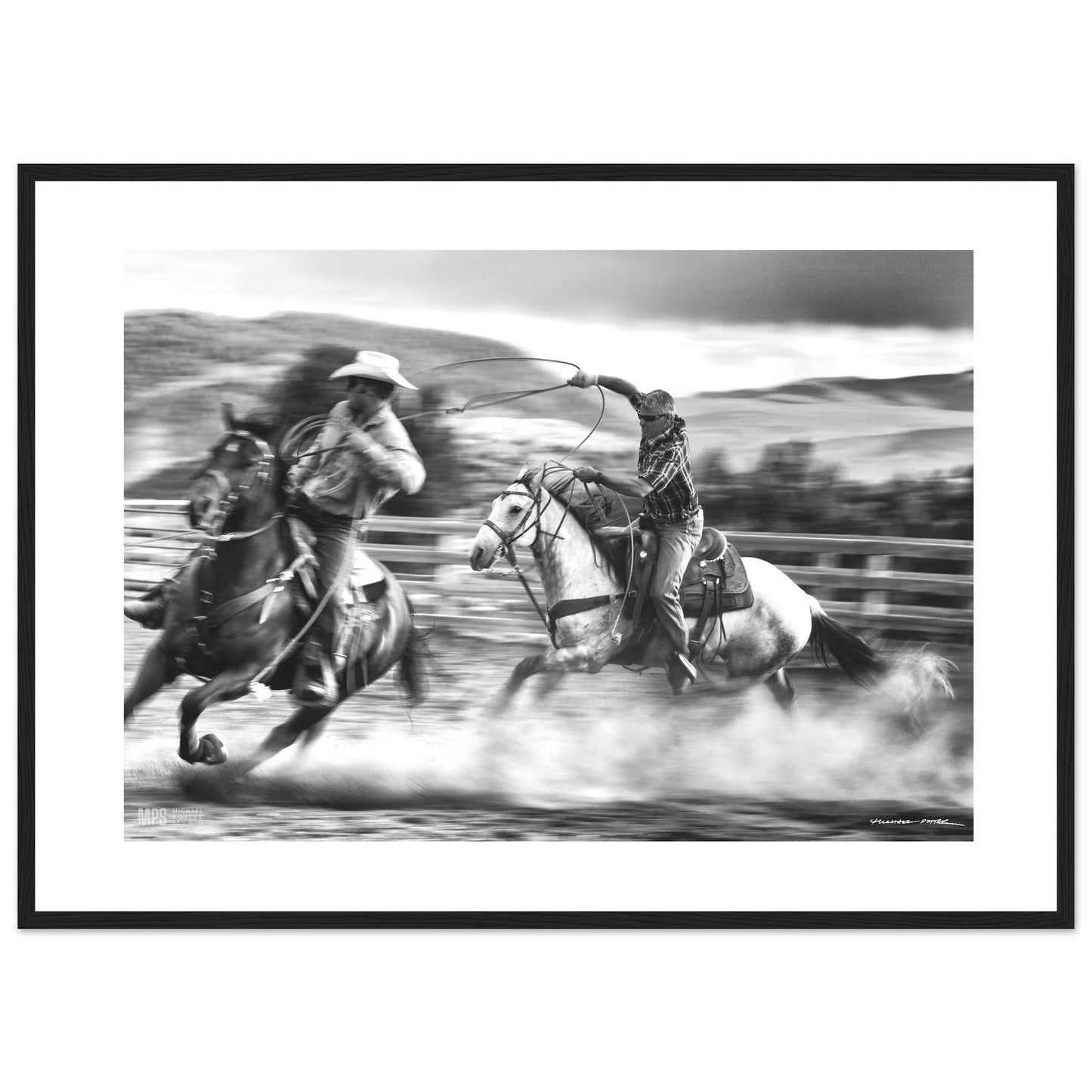 Black & white  print of two cowboys wrangling in close contact in a corall.